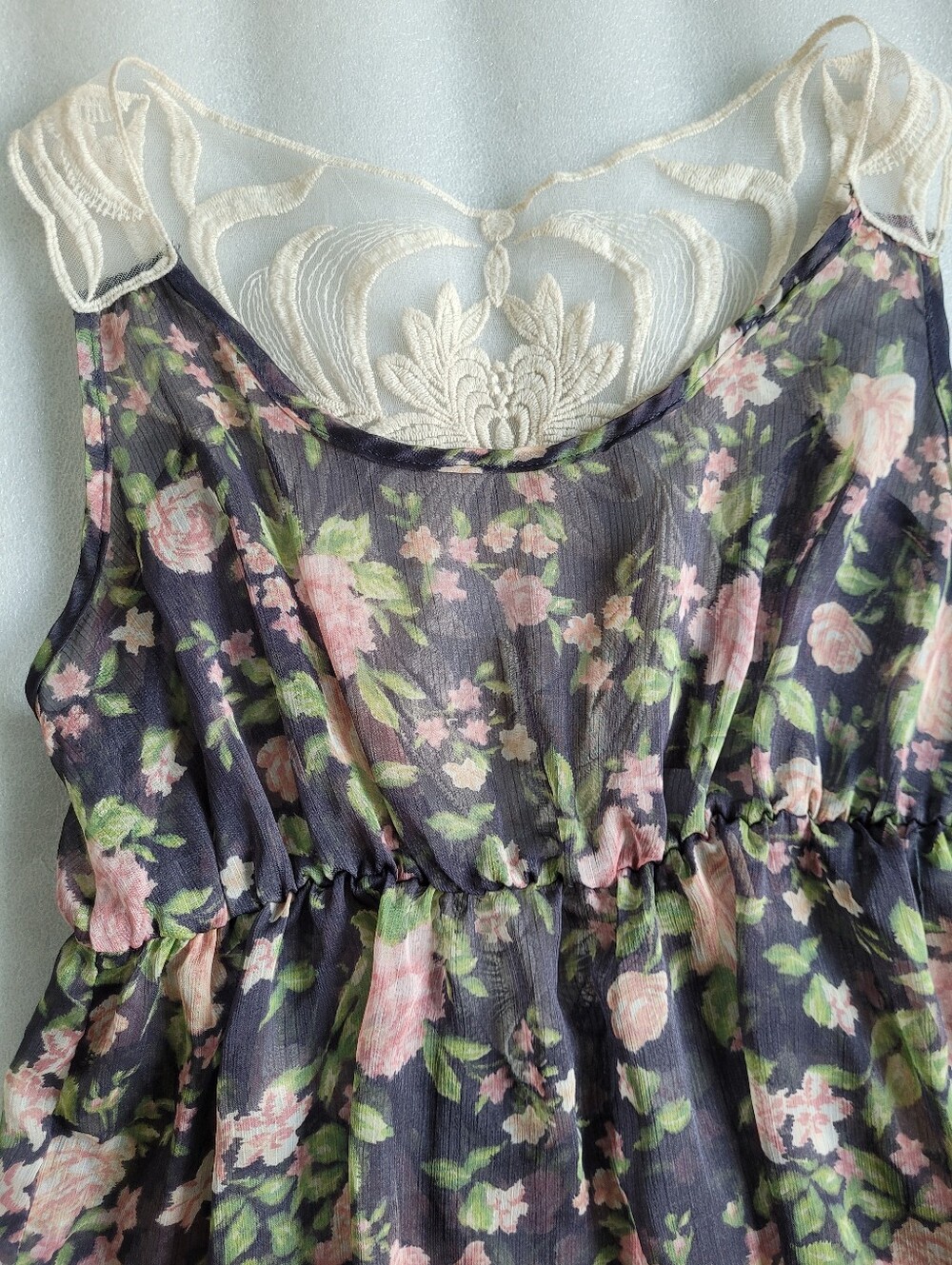 Vintage Y2K Roses Print Lace Back Sleeveless Chiffon Babydoll Top Large - Picture 8 of 16